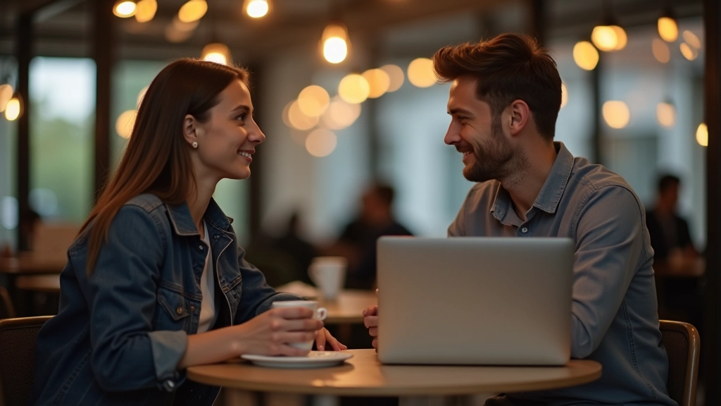 Du startuoliai sėdi prie kavos staliuko, energingai diskutuodami apie verslo idėjas